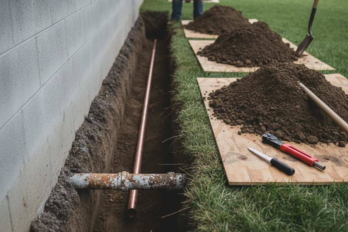 Excavated water line trench during Sewer Line Repair in Cressona